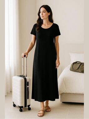 TravelSmith Indispensable Black Travel Dress Supplex Maxi Made USA